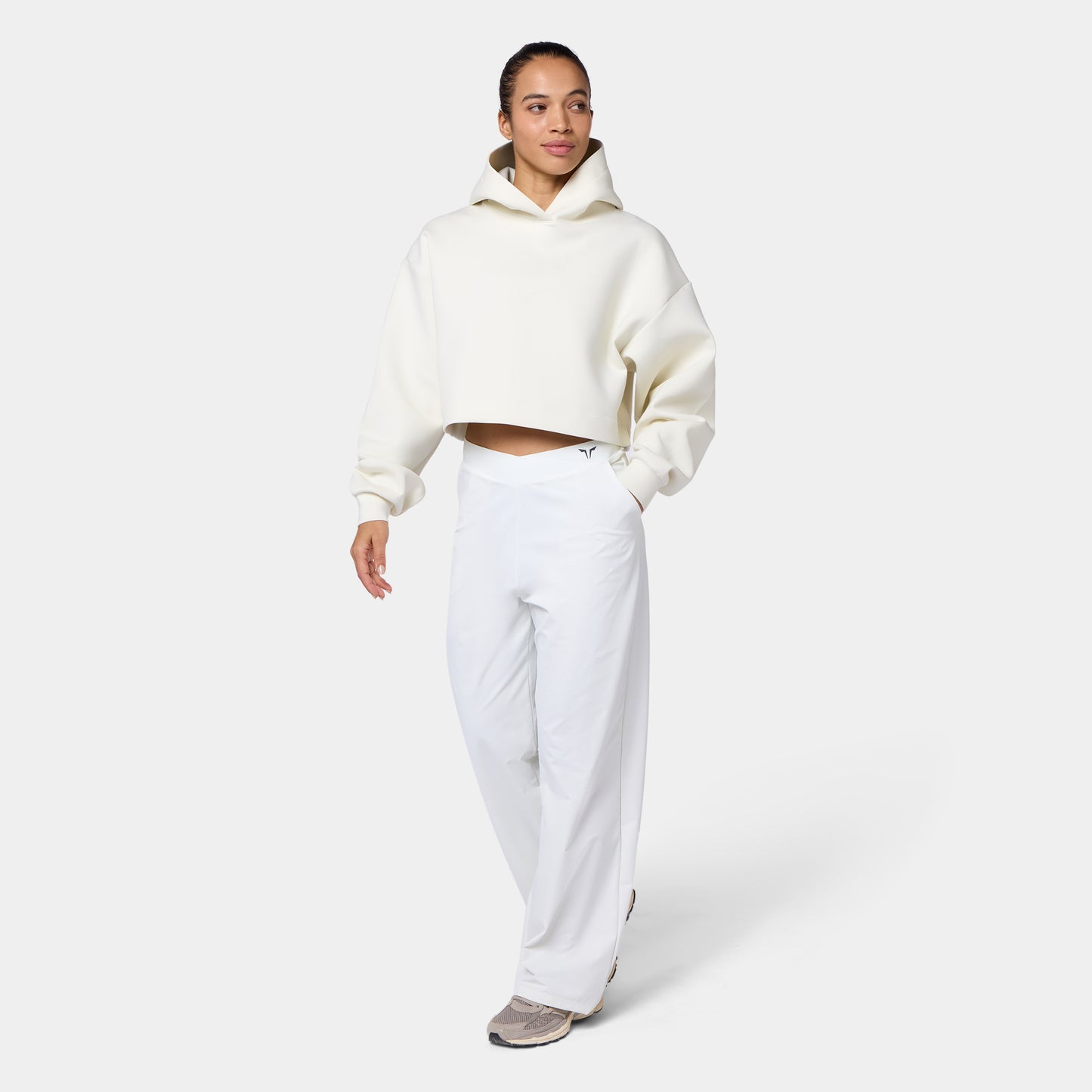 بنطلون واسع الساقين بخصر متقاطع - أبيض لؤلؤي