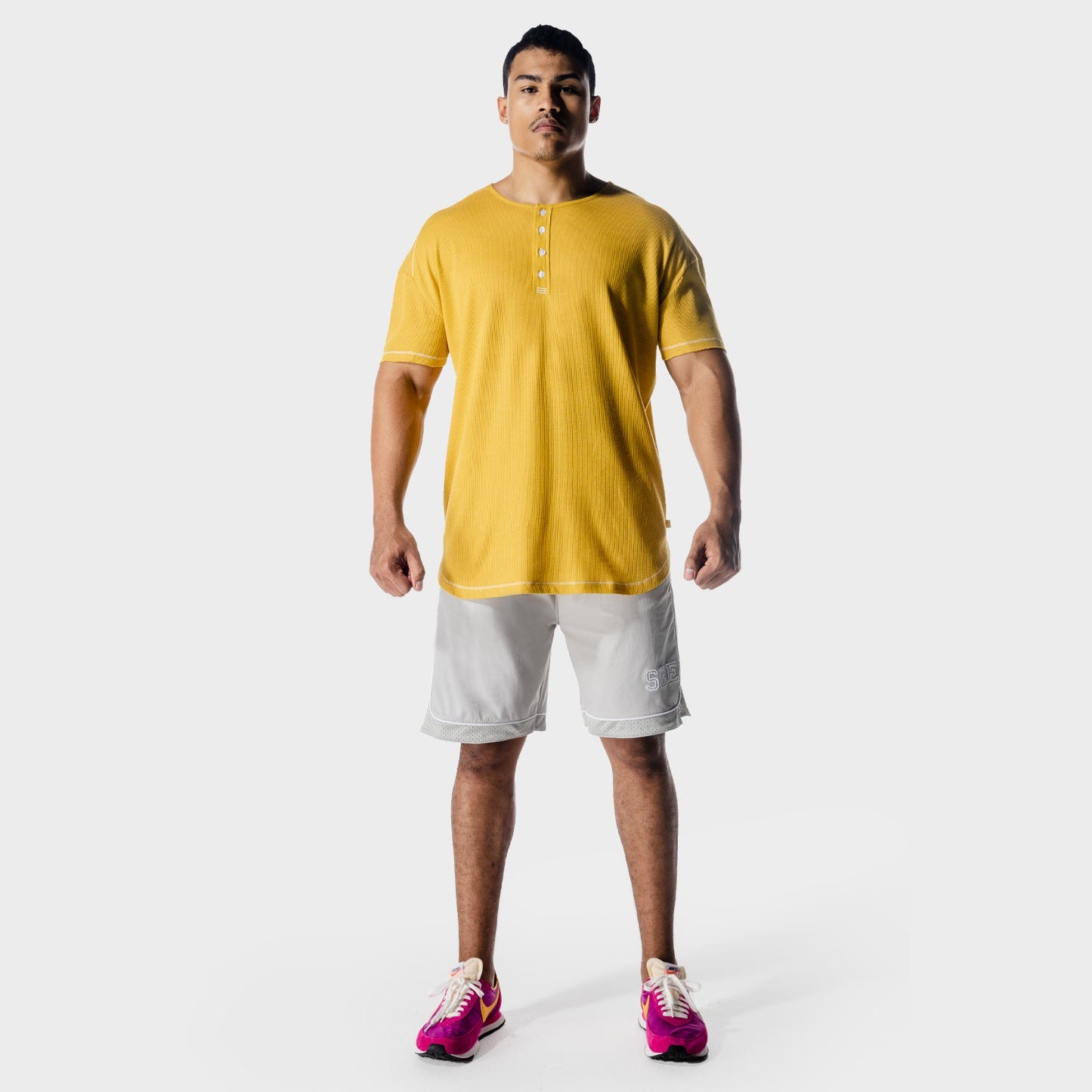 squatwolf-workout-shirts-golden-era-waffle-top-lemon-curry-gym-wear-for-men