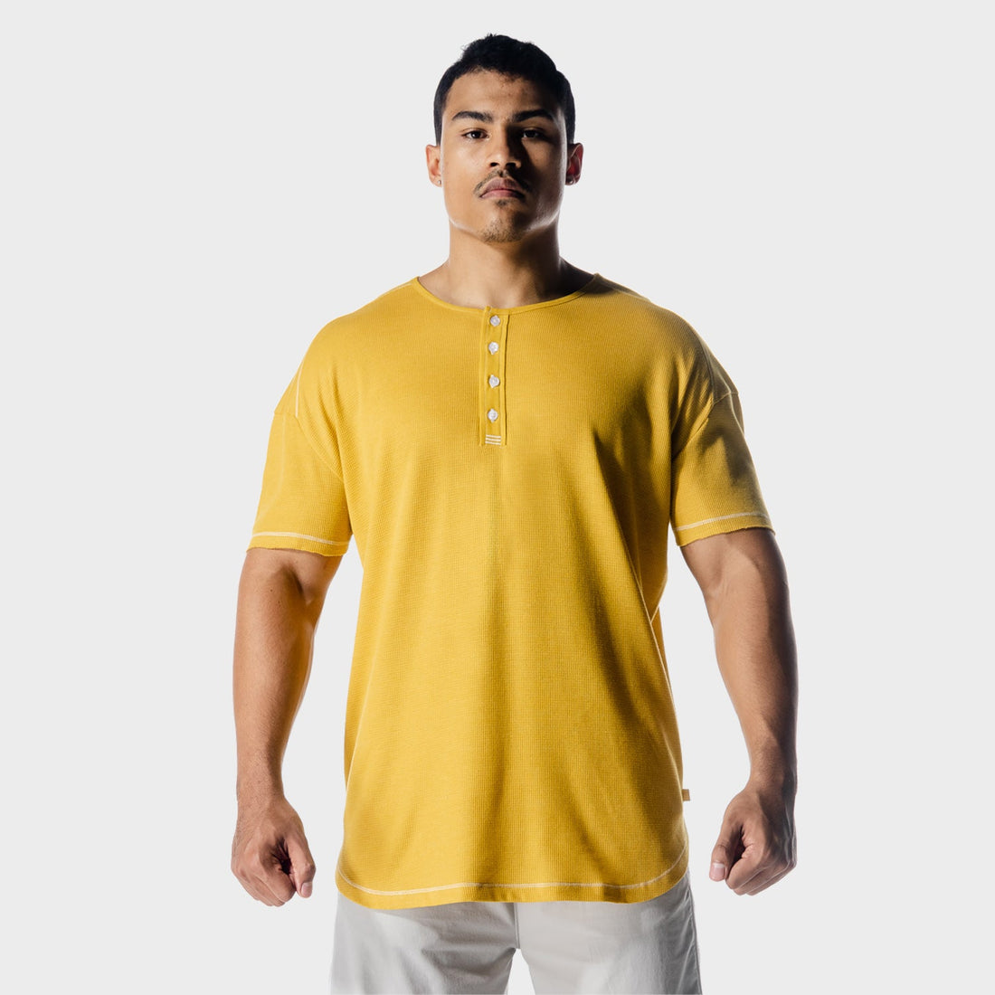squatwolf-workout-shirts-golden-era-waffle-top-lemon-curry-gym-wear-for-men