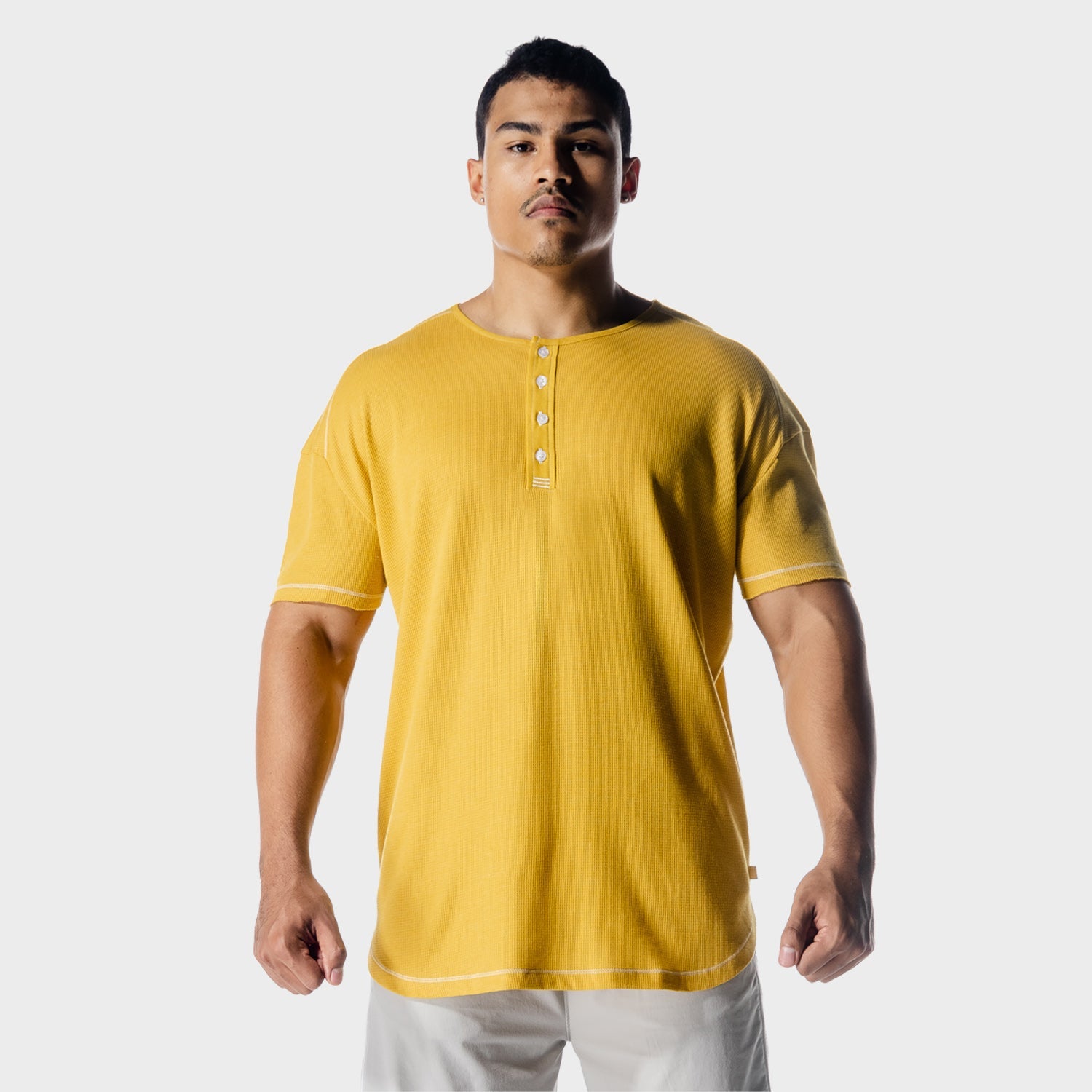 squatwolf-workout-shirts-golden-era-waffle-top-lemon-curry-gym-wear-for-men