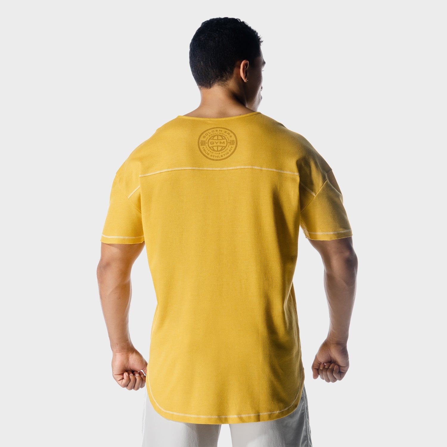 squatwolf-workout-shirts-golden-era-waffle-top-lemon-curry-gym-wear-for-men